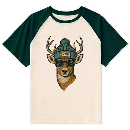 Nebraska White-tailed Deer wearing Omaha beanie with pom pom and wayfarer - Contrast Raglan T-shirt - Green