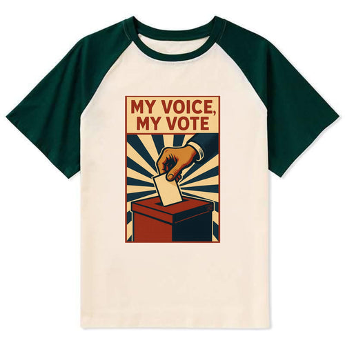 Hand dropping ballot into box with determination - My Voice, My Vote - - Contrast Raglan T-shirt
