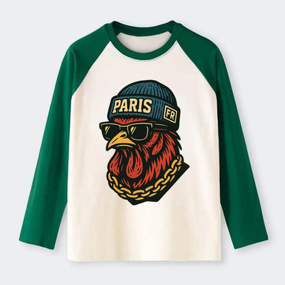 Paris Rooster - Raglan Long Sleeve T-Shirt - Green