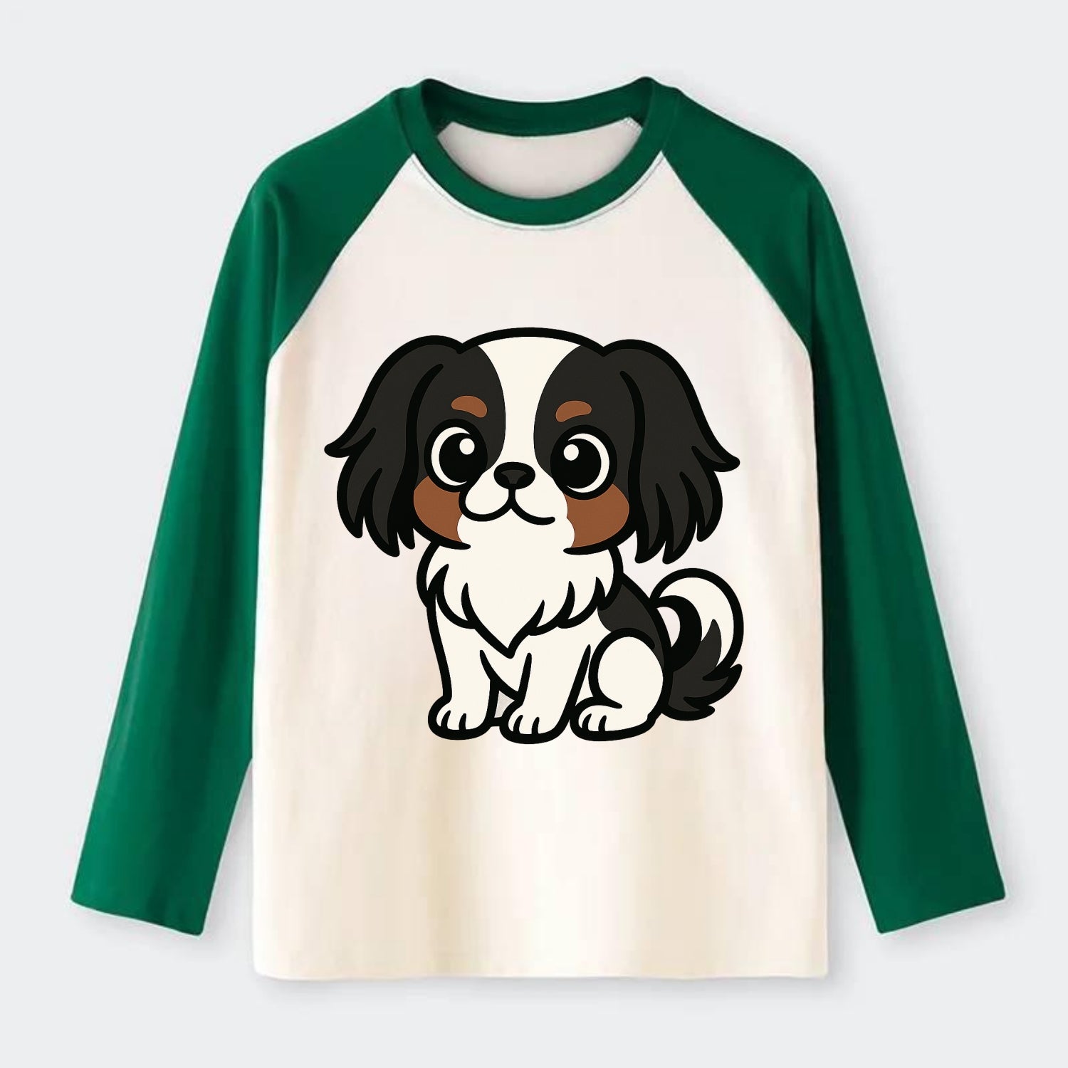 Japanese Chin - Black and white sitting pose - Raglan Long Sleeve T-Shirt - Green