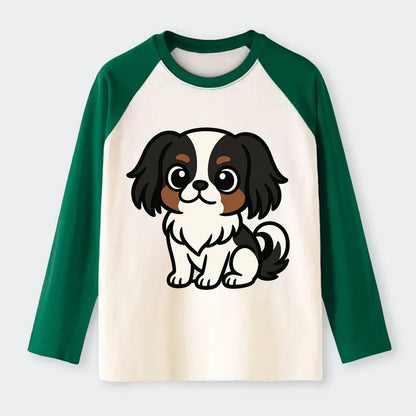 Japanese Chin - Black and white sitting pose - Raglan Long Sleeve T-Shirt - Green