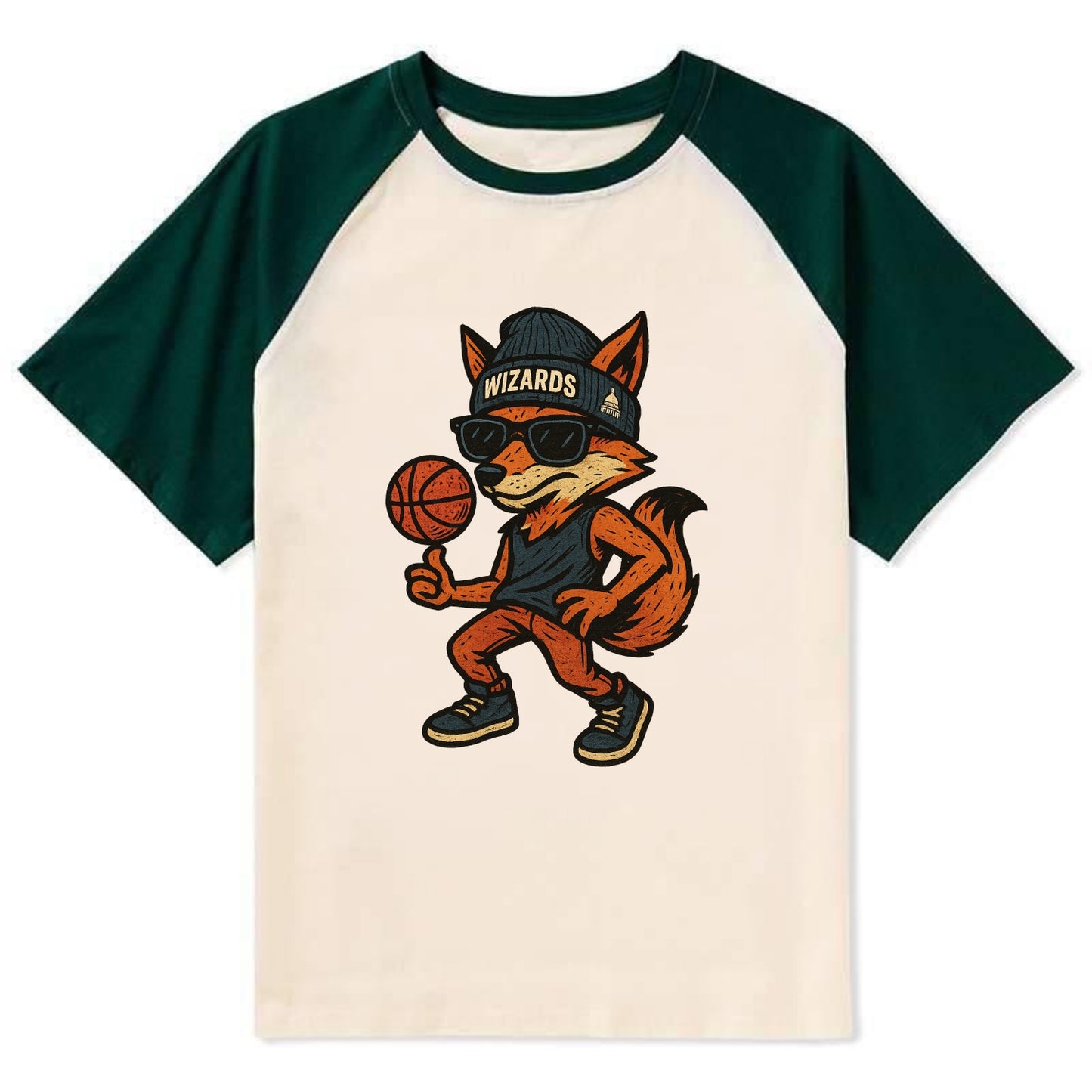 Washington Fox wearing Wizards beanie with capitol patch and wayfarer - Contrast Raglan T-shirt - Green