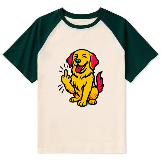 Golden Retriever with happy smile and golden coat, fluffy paw raised - Contrast Raglan T-shirt - Green