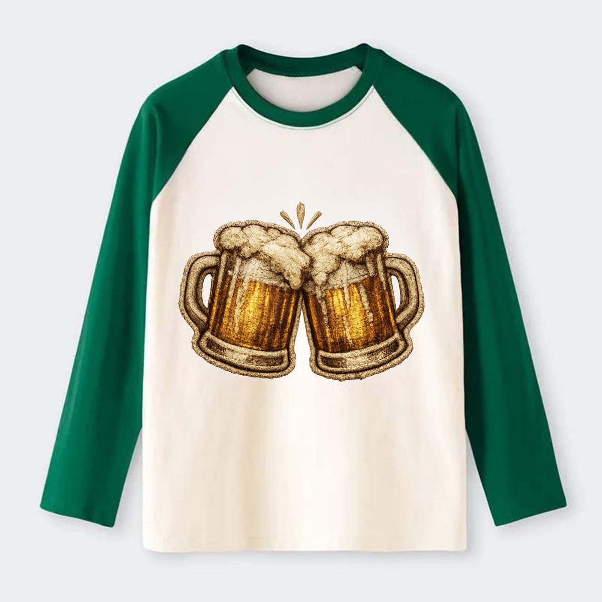 BEER MUG CHEERS - frosty beer stein in gold and amber , brewery - Raglan Long Sleeve T-Shirt - Green