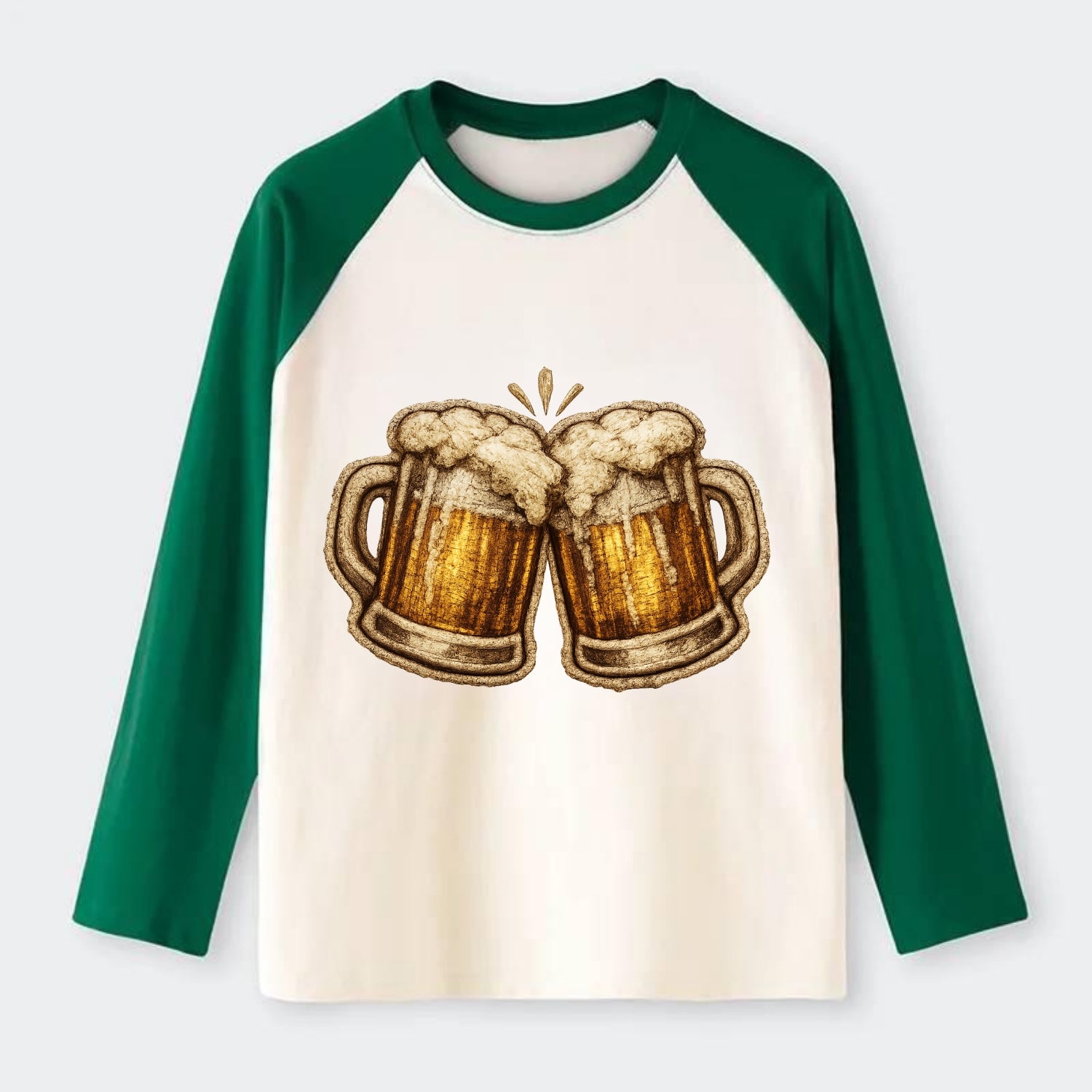 BEER MUG CHEERS - frosty beer stein in gold and amber , brewery - Raglan Long Sleeve T-Shirt - Green