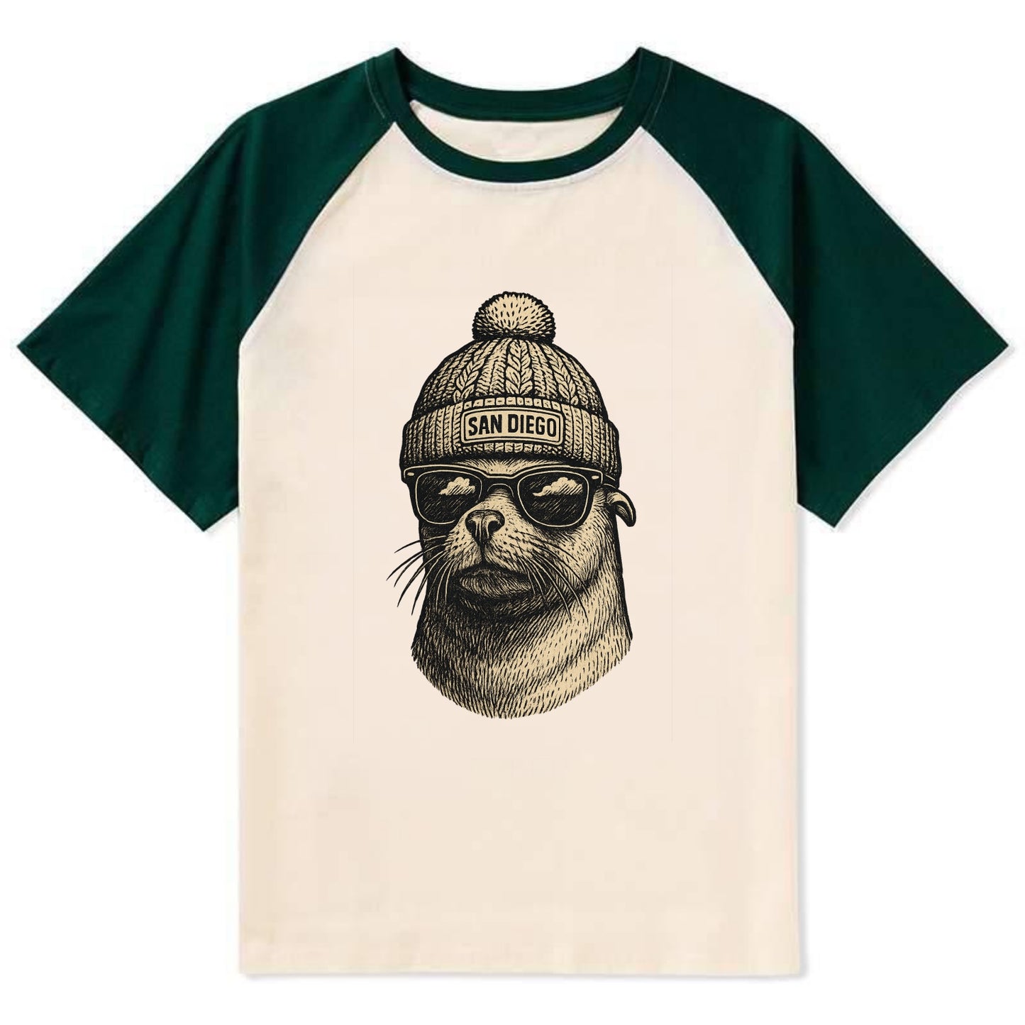 San Diego Sea Lion wearing San Diego beanie with pom pom and wayfarer - Contrast Raglan T-shirt - Green