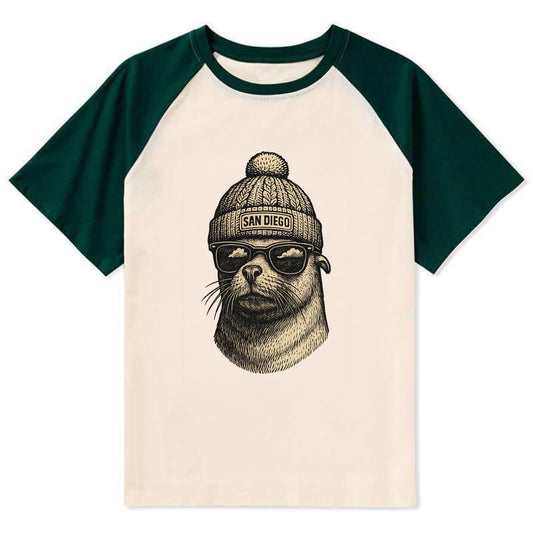 San Diego Sea Lion wearing San Diego beanie with pom pom and wayfarer - Contrast Raglan T-shirt - Green