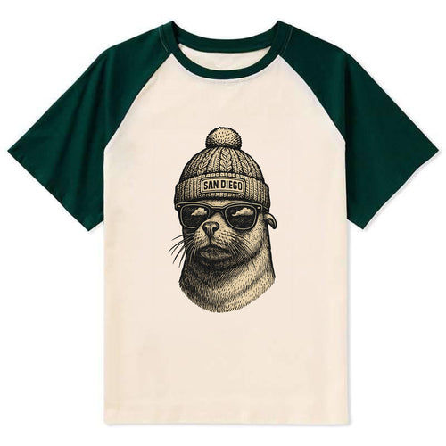 San Diego Sea Lion wearing San Diego beanie with pom pom and wayfarer - Contrast Raglan T-shirt
