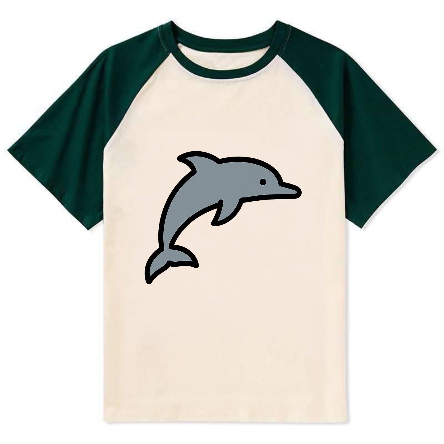 Bottlenose Dolphin - Gray jumping pose flat side profile - Contrast Raglan T-shirt - Green