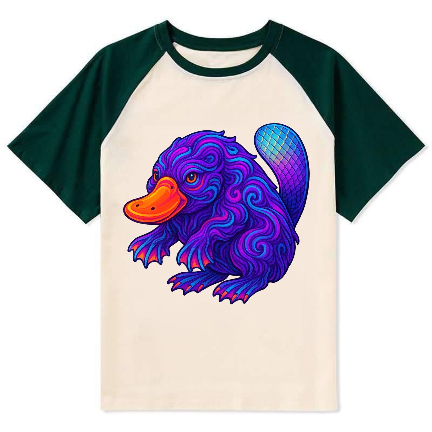 Quirky platypus with bill glowing in neon orange, beaver tail with - Contrast Raglan T-shirt - Green