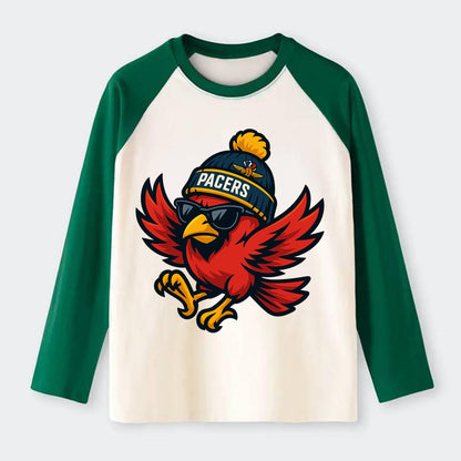 Indiana Cardinal wearing Pacers beanie with speedway patch and - Raglan Long Sleeve T-Shirt - Green