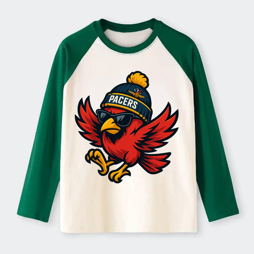 Indiana Cardinal wearing Pacers beanie with speedway patch and - Raglan Long Sleeve T-Shirt