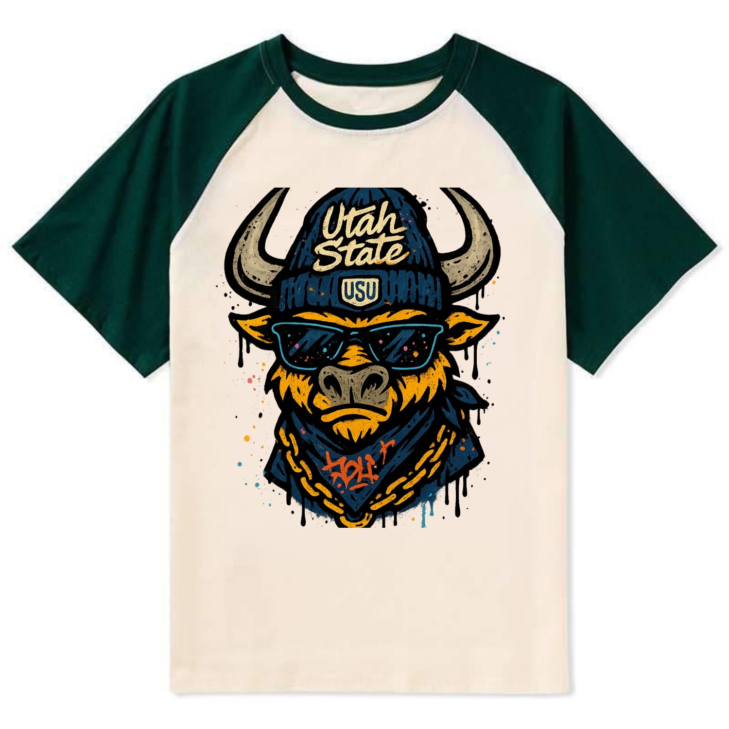 Logan Aggie wearing Utah State beanie with USU patch - Contrast Raglan T-shirt - Green