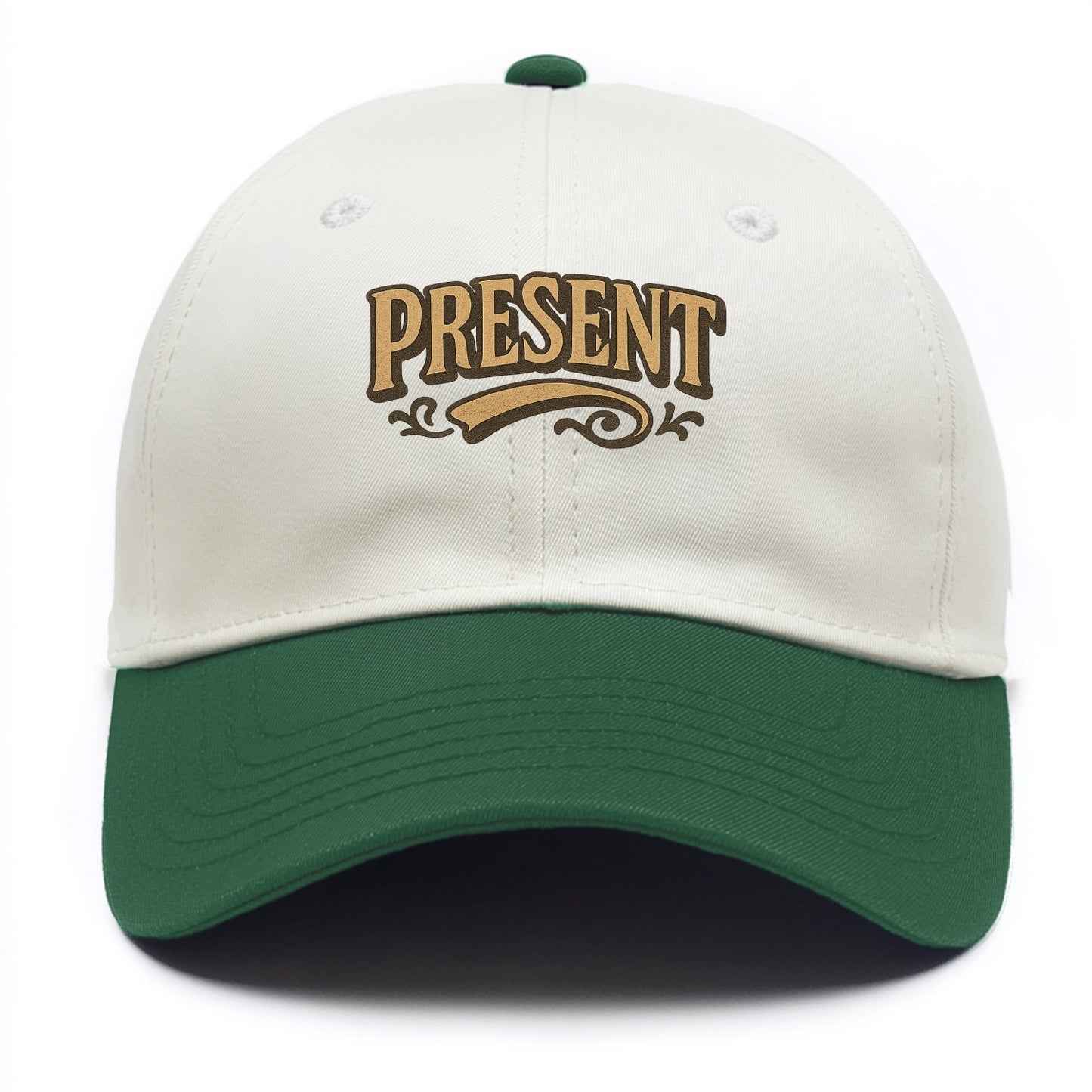 Bold typography design - "PRESENT" - living in the now - Two Tone Cap - Green