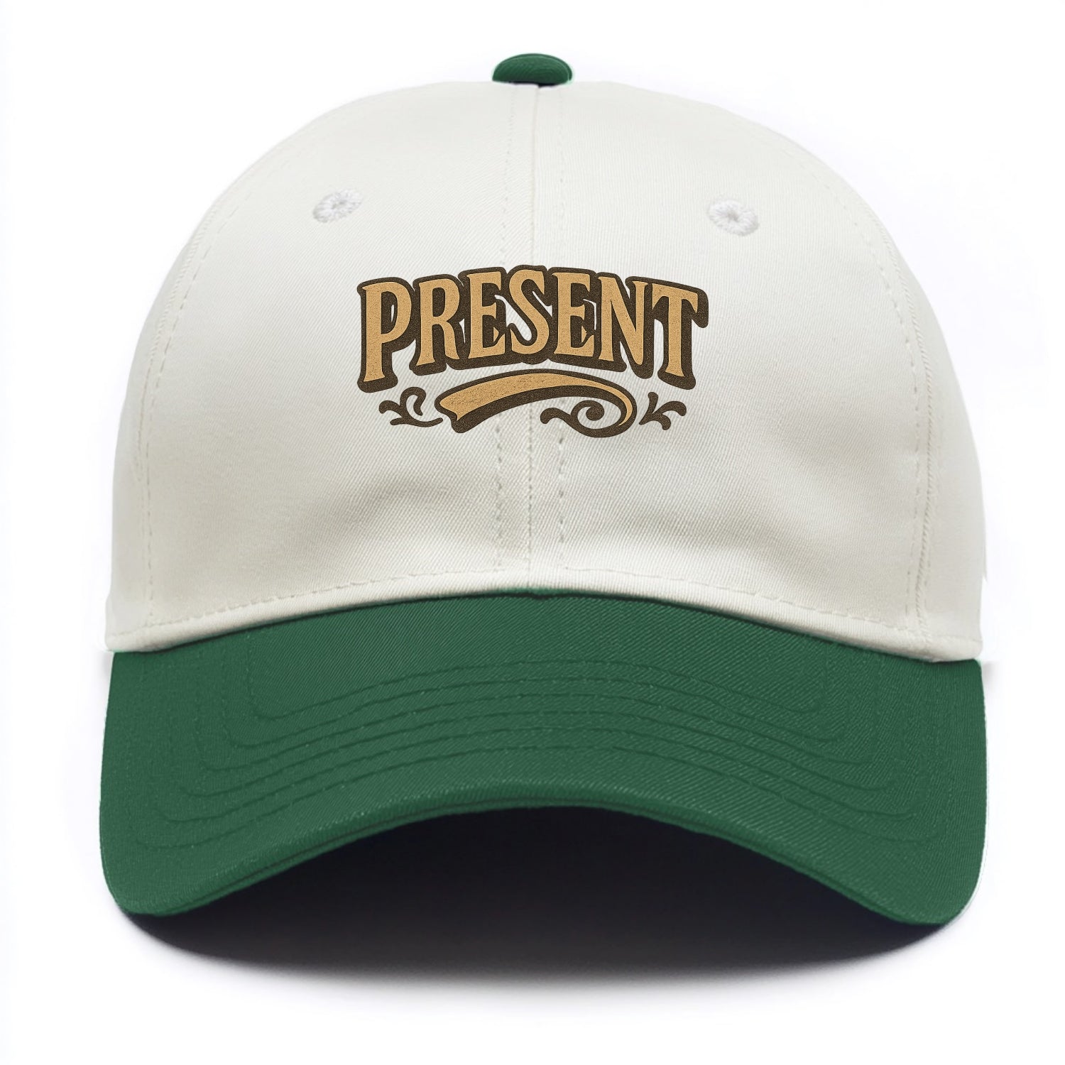 Bold typography design - "PRESENT" - living in the now - Two Tone Cap - Green