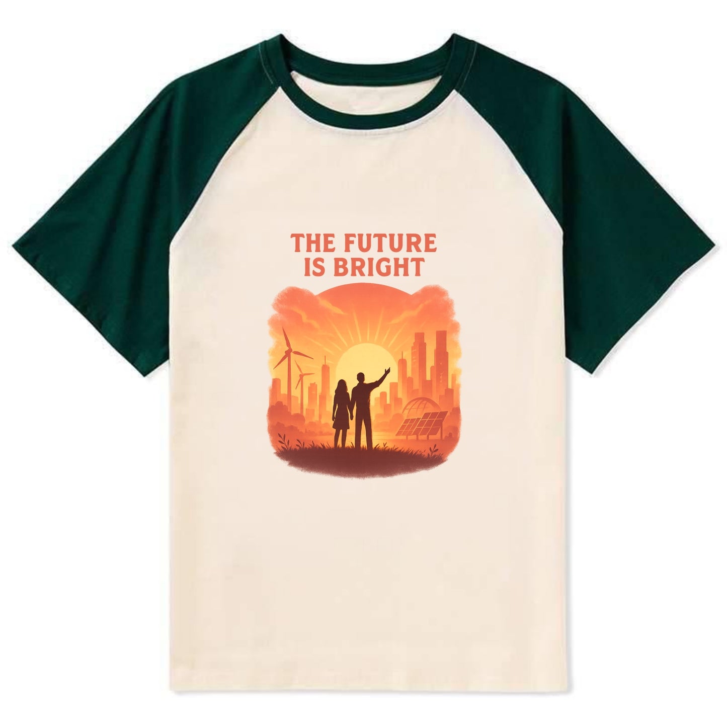 Sunrise over thriving sustainable city - "The Future is Bright" - - Contrast Raglan T-shirt - Green