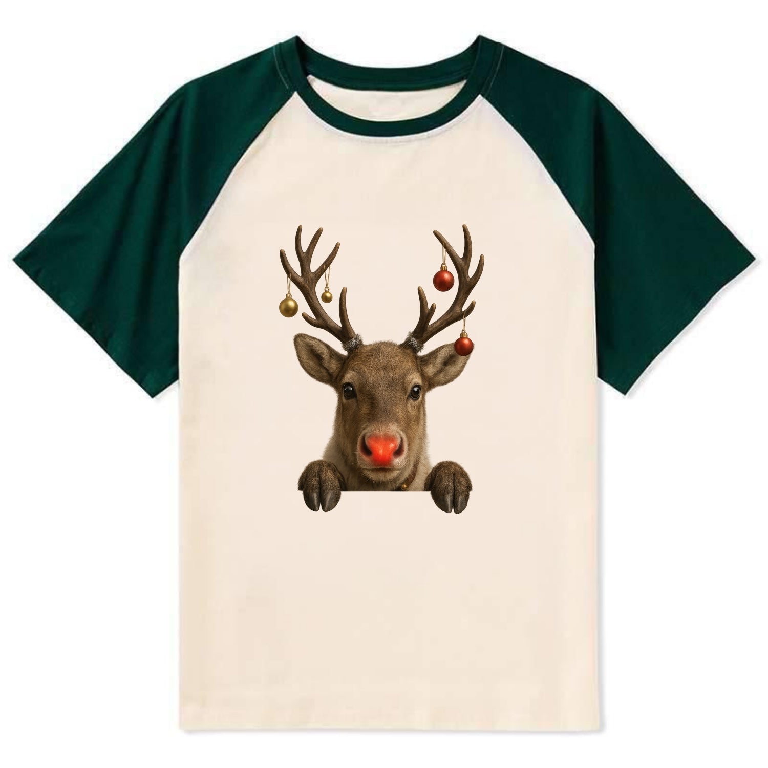 Christmas Reindeer  - Contrast Raglan T-shirt - Green