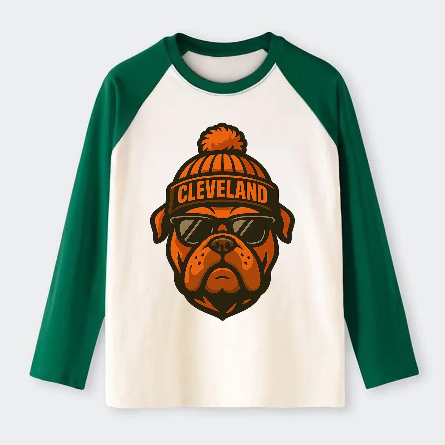 Cleveland Bulldog wearing Browns orange and brown beanie with pom pom - Raglan Long Sleeve T-Shirt - Green