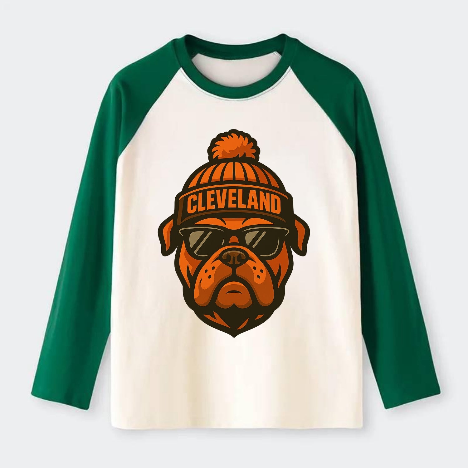 Cleveland Bulldog wearing Browns orange and brown beanie with pom pom - Raglan Long Sleeve T-Shirt - Green