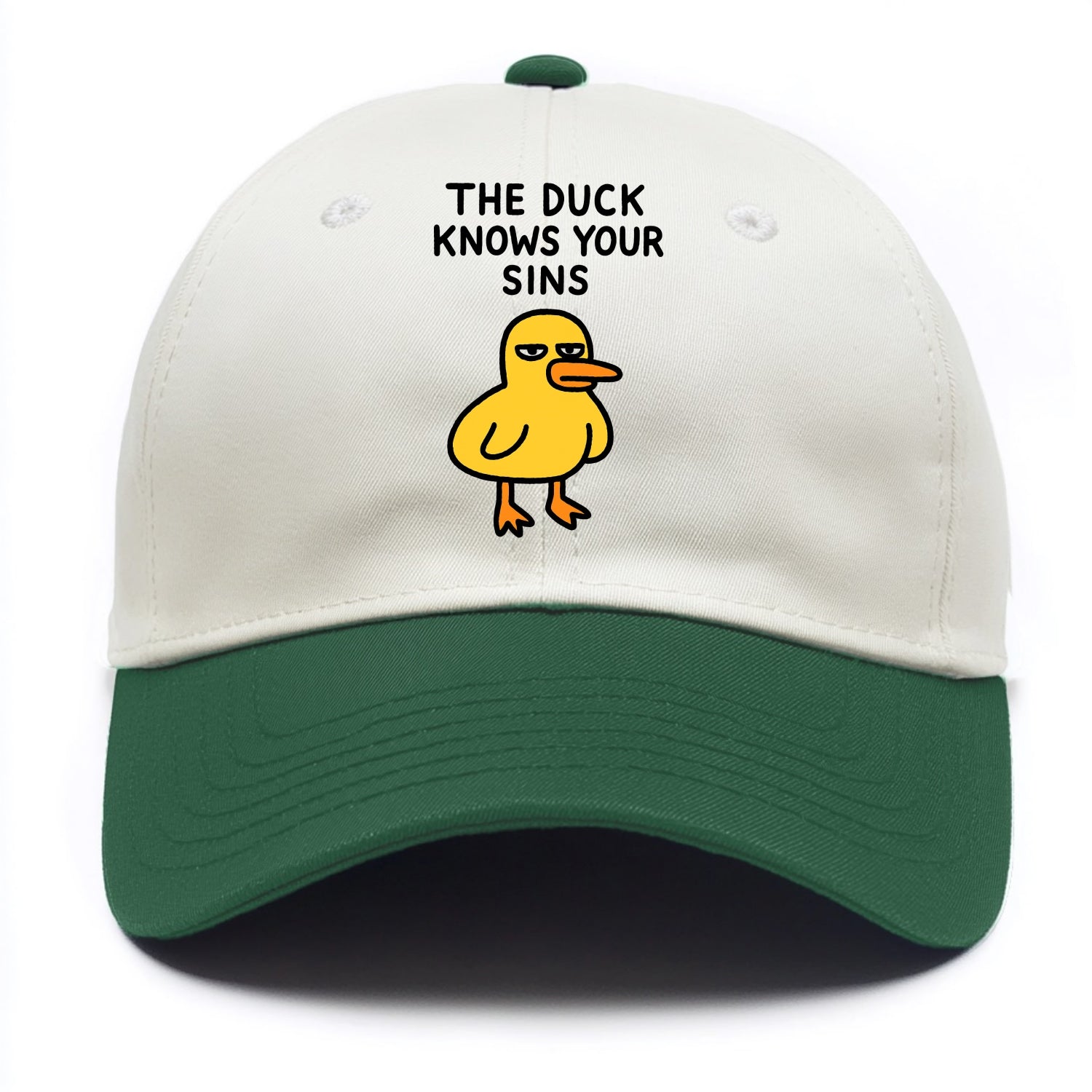 THE DUCK KNOWS YOUR SINS | Yellow duck with judgmental stare - Two Tone Cap - Green