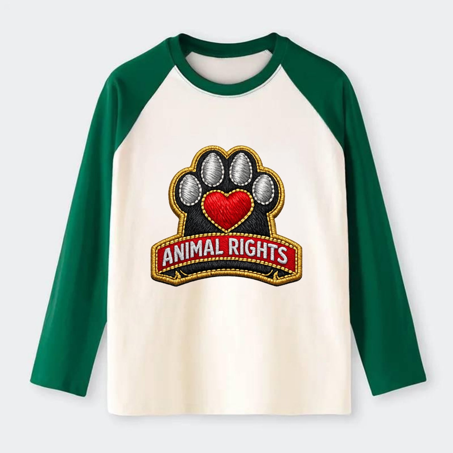 ANIMAL RIGHTS - raised paw with heart in red , advocacy - Raglan Long Sleeve T-Shirt - Green