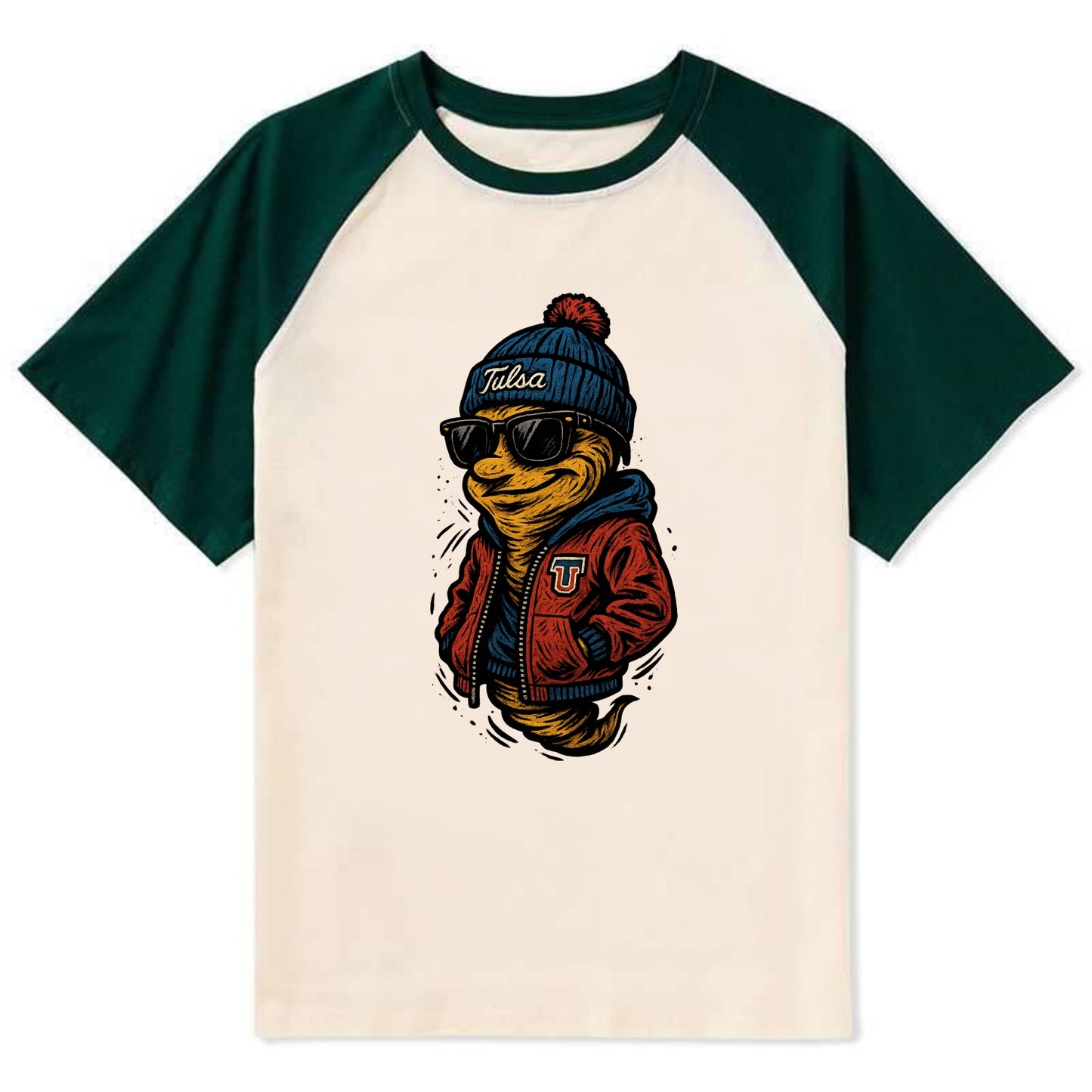 Tulsa Hurricane wearing Tulsa beanie with TU patch - Contrast Raglan T-shirt - Green
