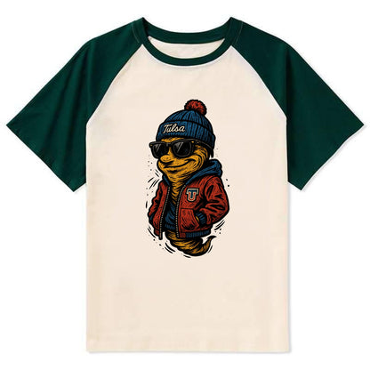 Tulsa Hurricane wearing Tulsa beanie with TU patch - Contrast Raglan T-shirt - Green