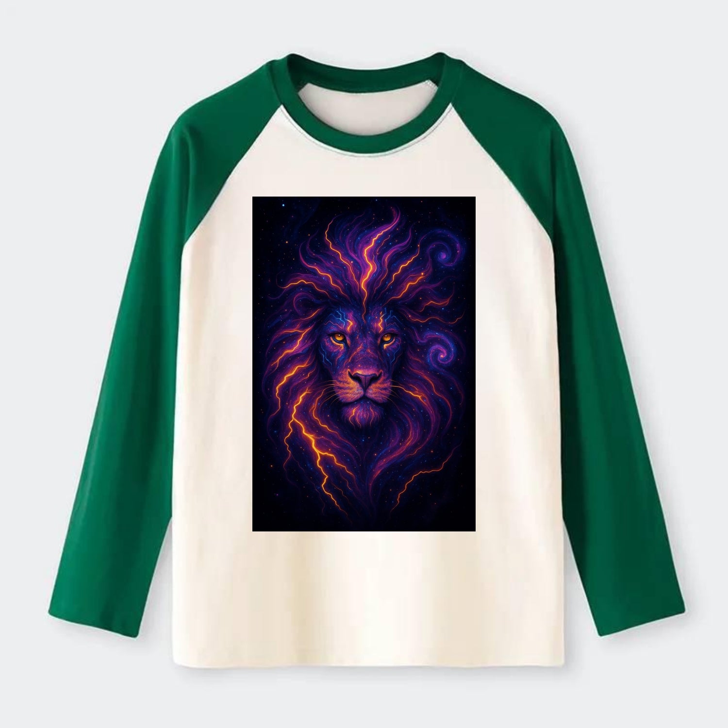 Regal lion with mane made of electric currents, neon yellow and hot - Raglan Long Sleeve T-Shirt - Green