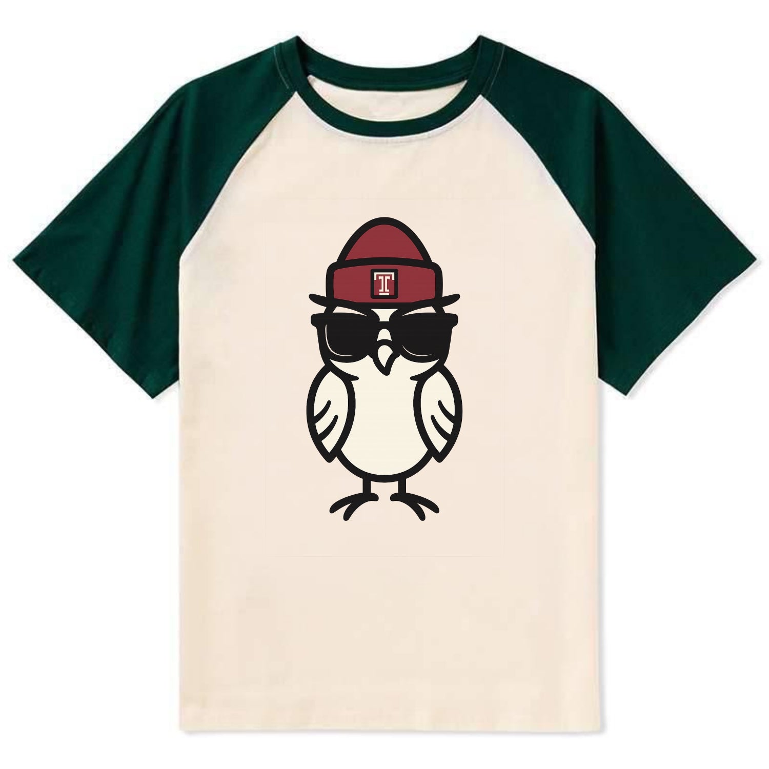 Philadelphia Owl wearing Temple beanie with T patch - Contrast Raglan T-shirt - Green