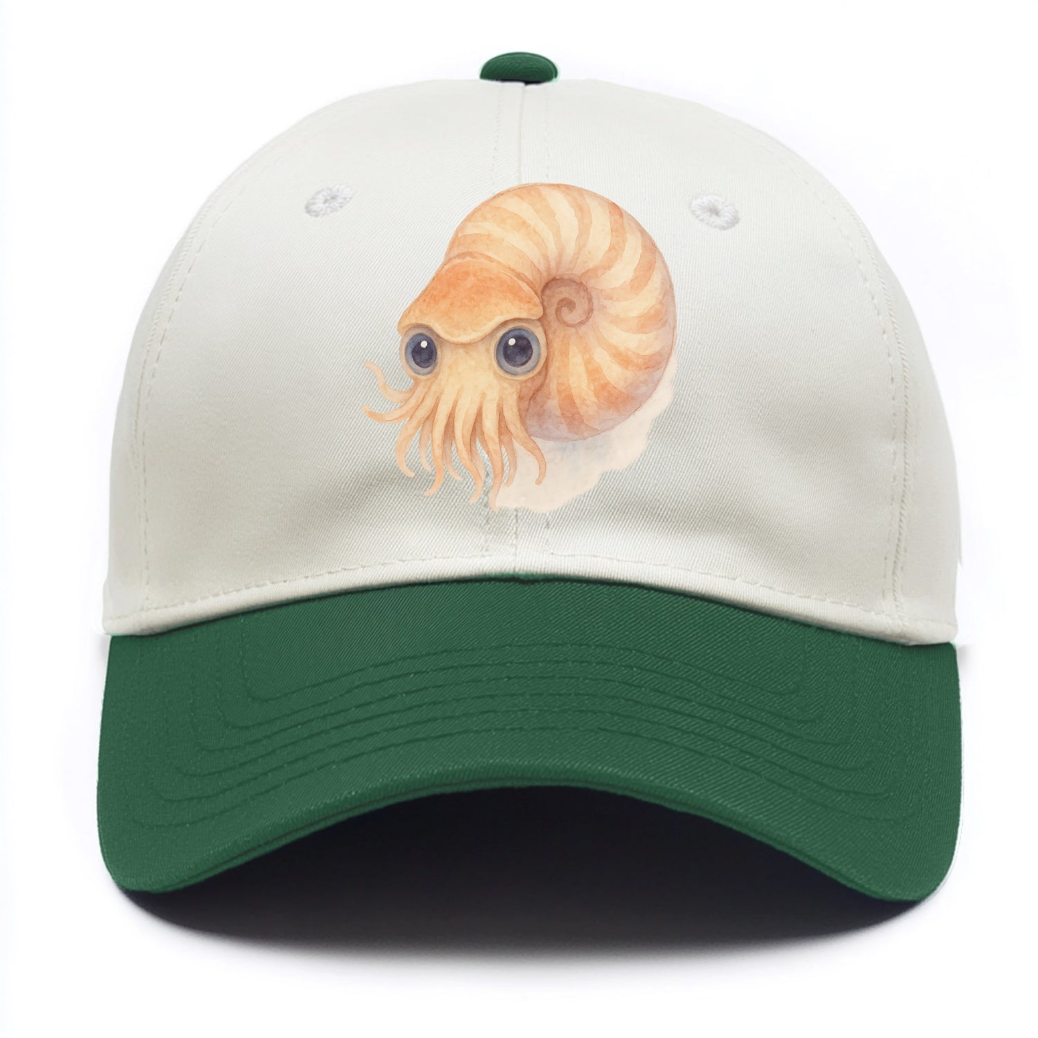 Baby Nautilus - spiral shell, tentacles peeking, ancient eyes, front-facing, living - Two Tone Cap - Green
