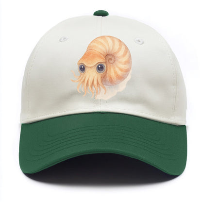 Baby Nautilus - spiral shell, tentacles peeking, ancient eyes, front-facing, living - Two Tone Cap - Green