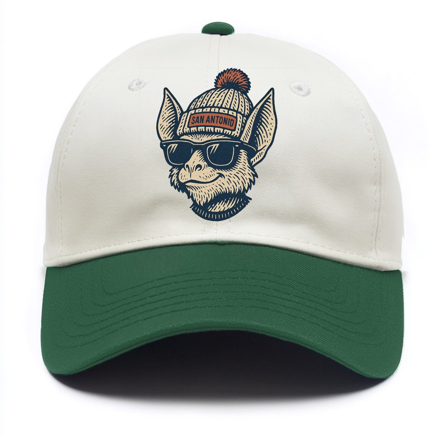 San Antonio Bat wearing San Antonio beanie with pom pom and wayfarer sunglasses - Two Tone Cap - Green