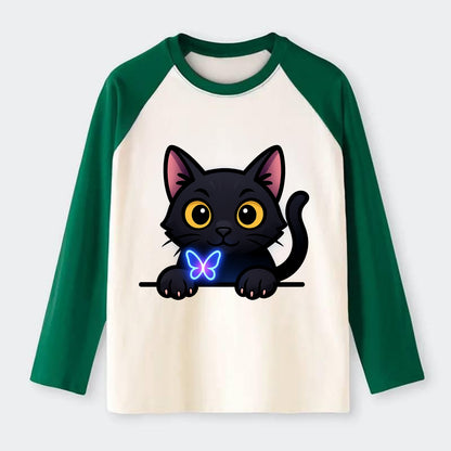 Midnight the black cat blowing a glossy bubblegum bubble while peeking. - Raglan Long Sleeve T-Shirt - Green