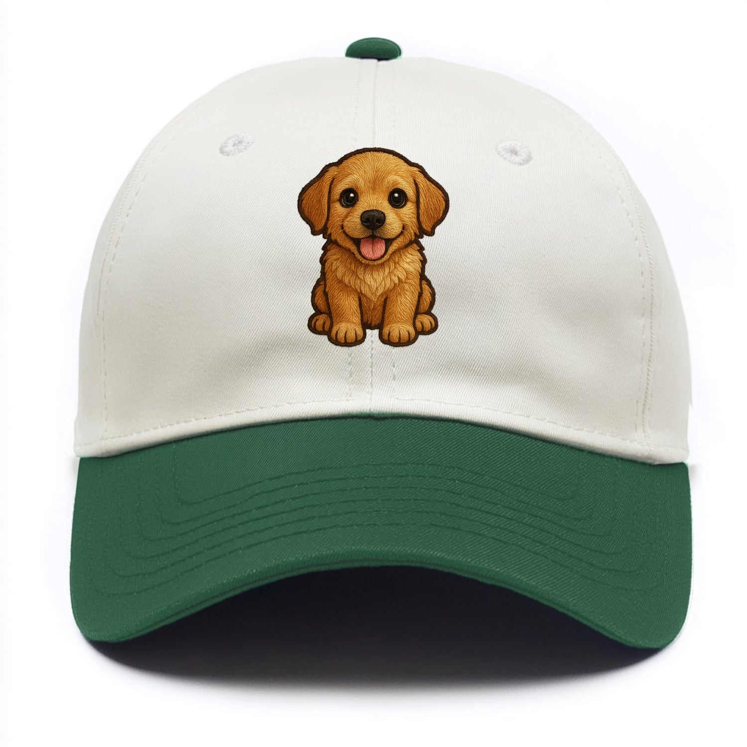 Baby Golden Retriever Puppy - fluffy golden fur, big brown eyes, pink tongue, floppy - Two Tone Cap - Green