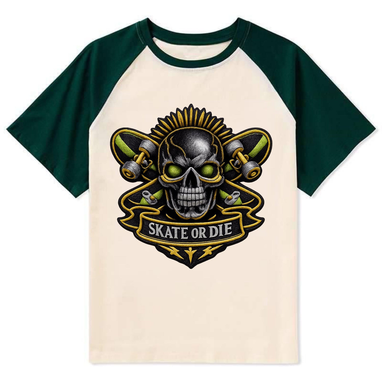 Embroidered patch design - SKATEBOARD SKULL - skull with skateboard in - Contrast Raglan T-shirt - Green