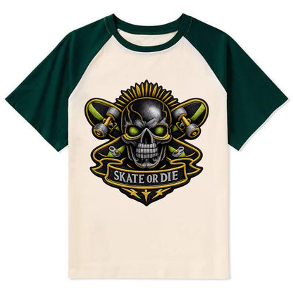 Embroidered patch design - SKATEBOARD SKULL - skull with skateboard in - Contrast Raglan T-shirt - Green