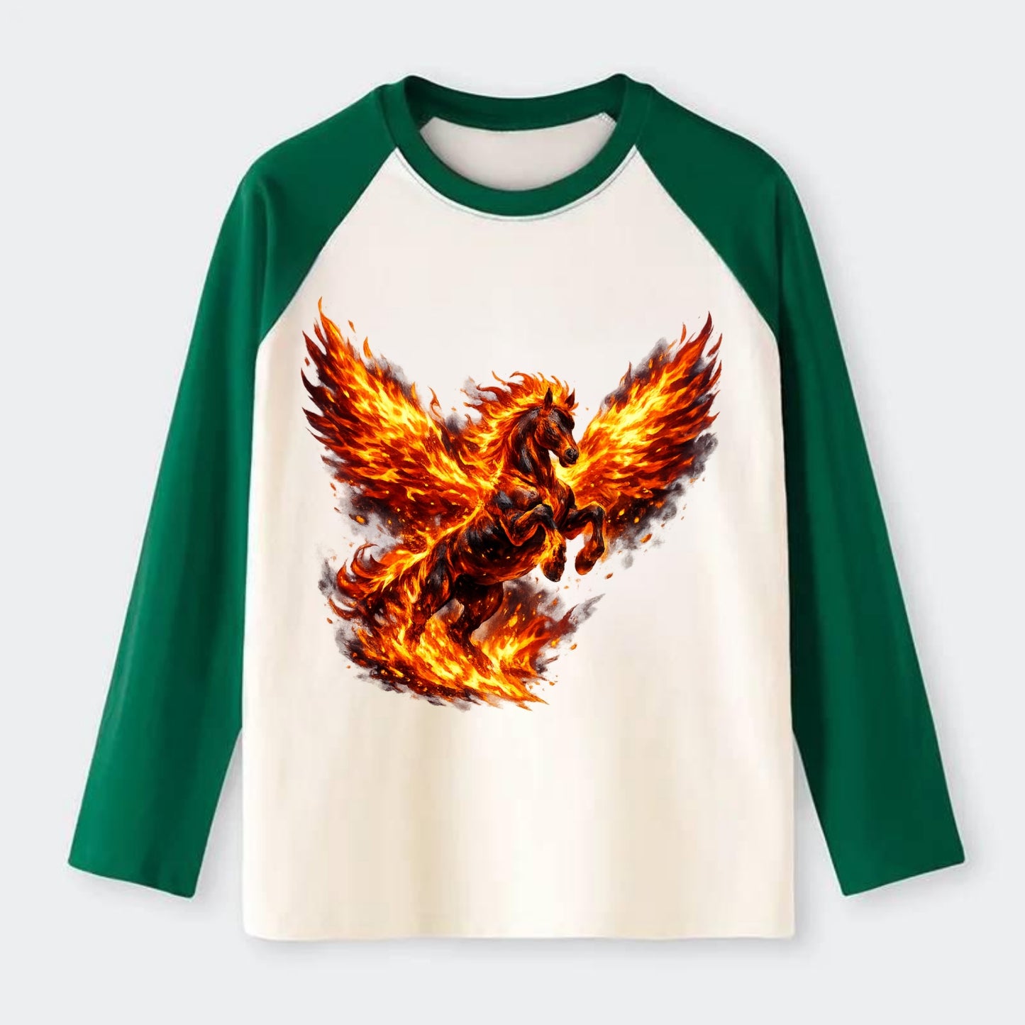 PHOENIX FIRE HORSE | Horse emerging from flames like phoenix | Rebirth - Raglan Long Sleeve T-Shirt - Green