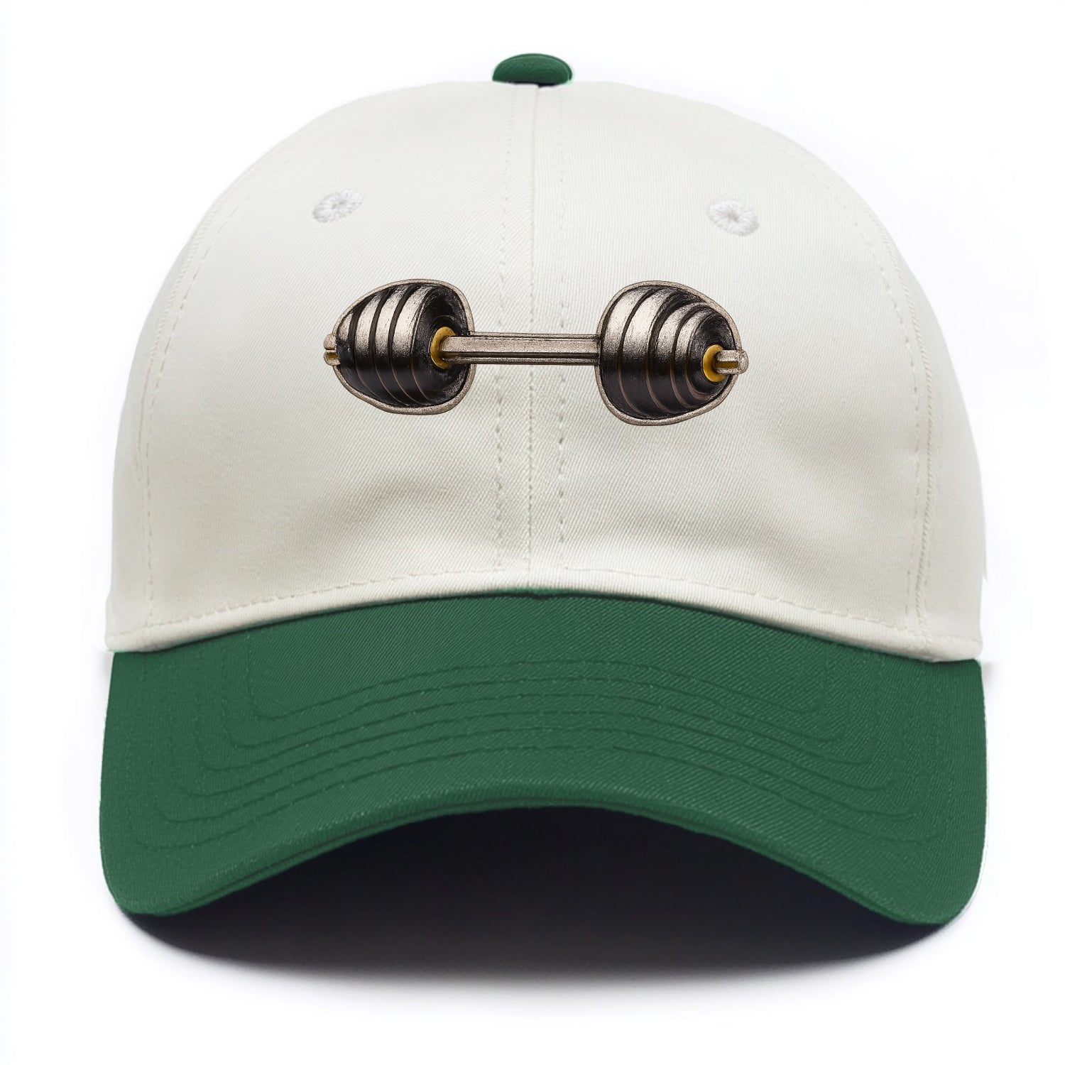 Embroidered patch design - WEIGHTLIFTING BARBELL - heavy barbell with plates in - Two Tone Cap - Green