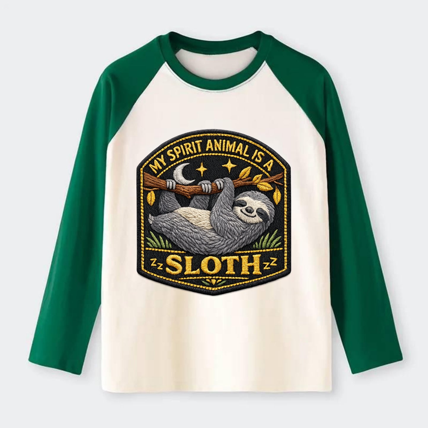 MY SPIRIT ANIMAL IS A SLOTH - lazy sloth in gray , slow life - Raglan Long Sleeve T-Shirt - Green