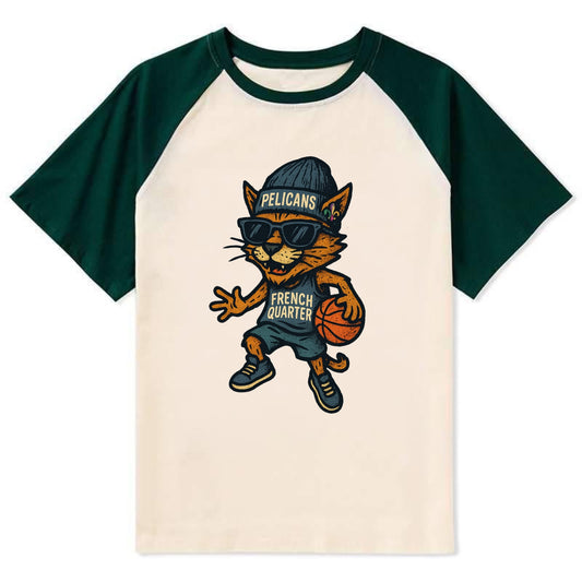 French Quarter Cat wearing Pelicans beanie with Mardi Gras patch and - Contrast Raglan T-shirt - Green