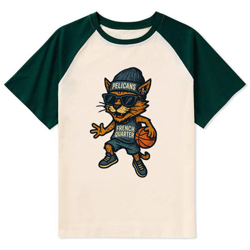 French Quarter Cat wearing Pelicans beanie with Mardi Gras patch and - Contrast Raglan T-shirt