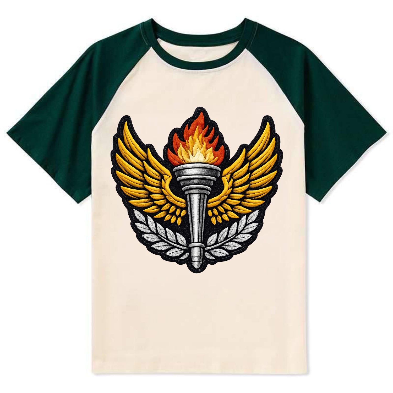 Embroidered patch design - TRACK AND FIELD TORCH - Olympic style torch - Contrast Raglan T-shirt - Green