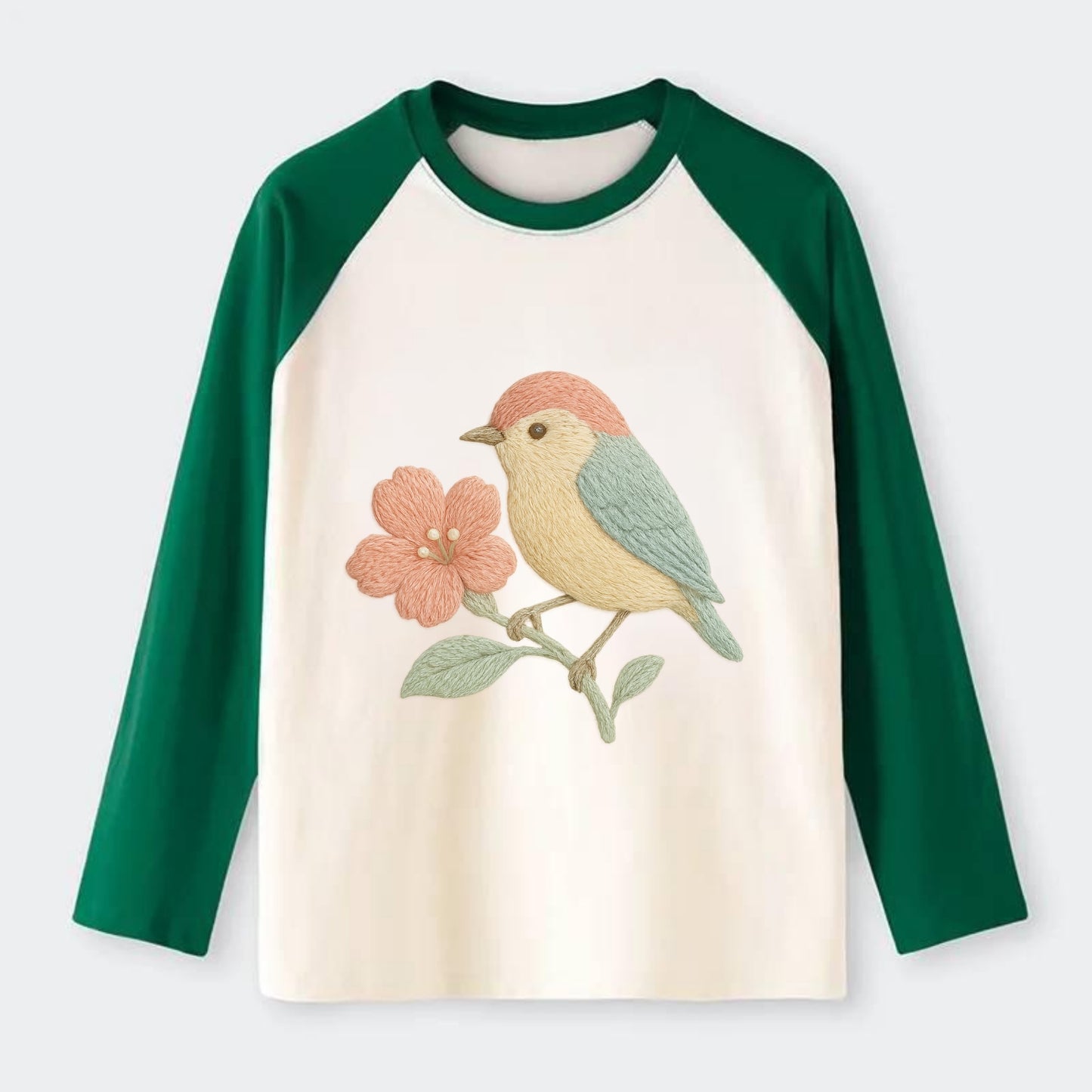 Peach Flowerpecker - Raglan Long Sleeve T-Shirt - Green
