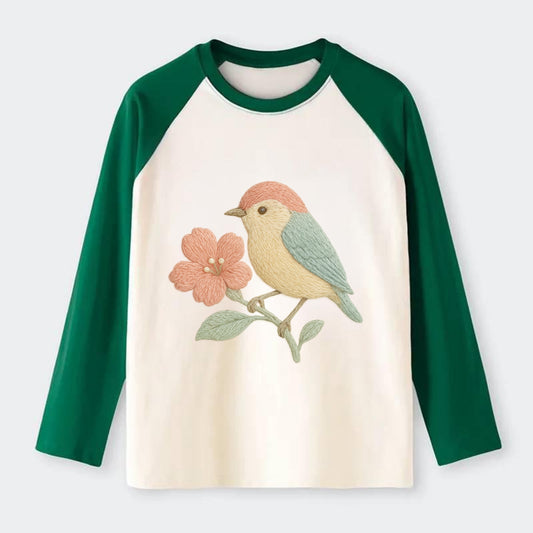 Peach Flowerpecker - Raglan Long Sleeve T-Shirt - Green