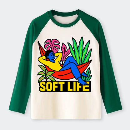 Person relaxing in hammock with plants - "soft life" aesthetic, - Raglan Long Sleeve T-Shirt - Green
