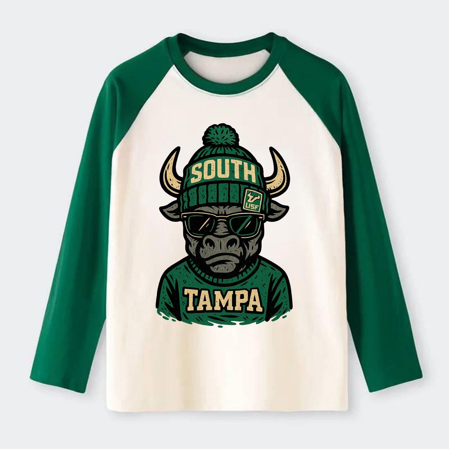 Tampa Bull wearing South Florida beanie with USF patch - Raglan Long Sleeve T-Shirt - Green