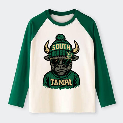 Tampa Bull wearing South Florida beanie with USF patch - Raglan Long Sleeve T-Shirt - Green