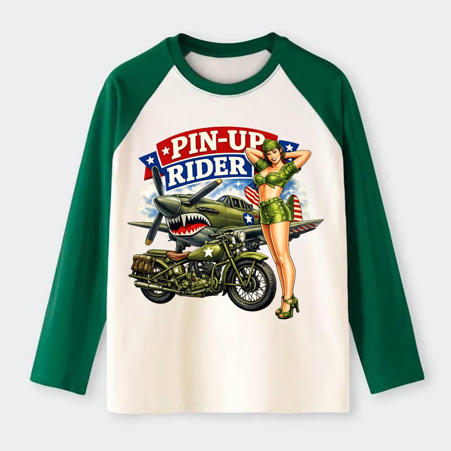 Wwii Pin Up Rider - Raglan Long Sleeve T-Shirt - Green
