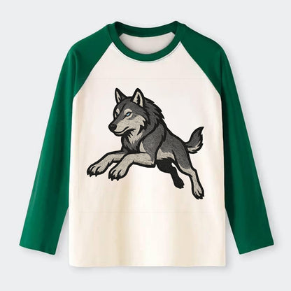 Wolf Leaping Action  - Raglan Long Sleeve T-Shirt - Green