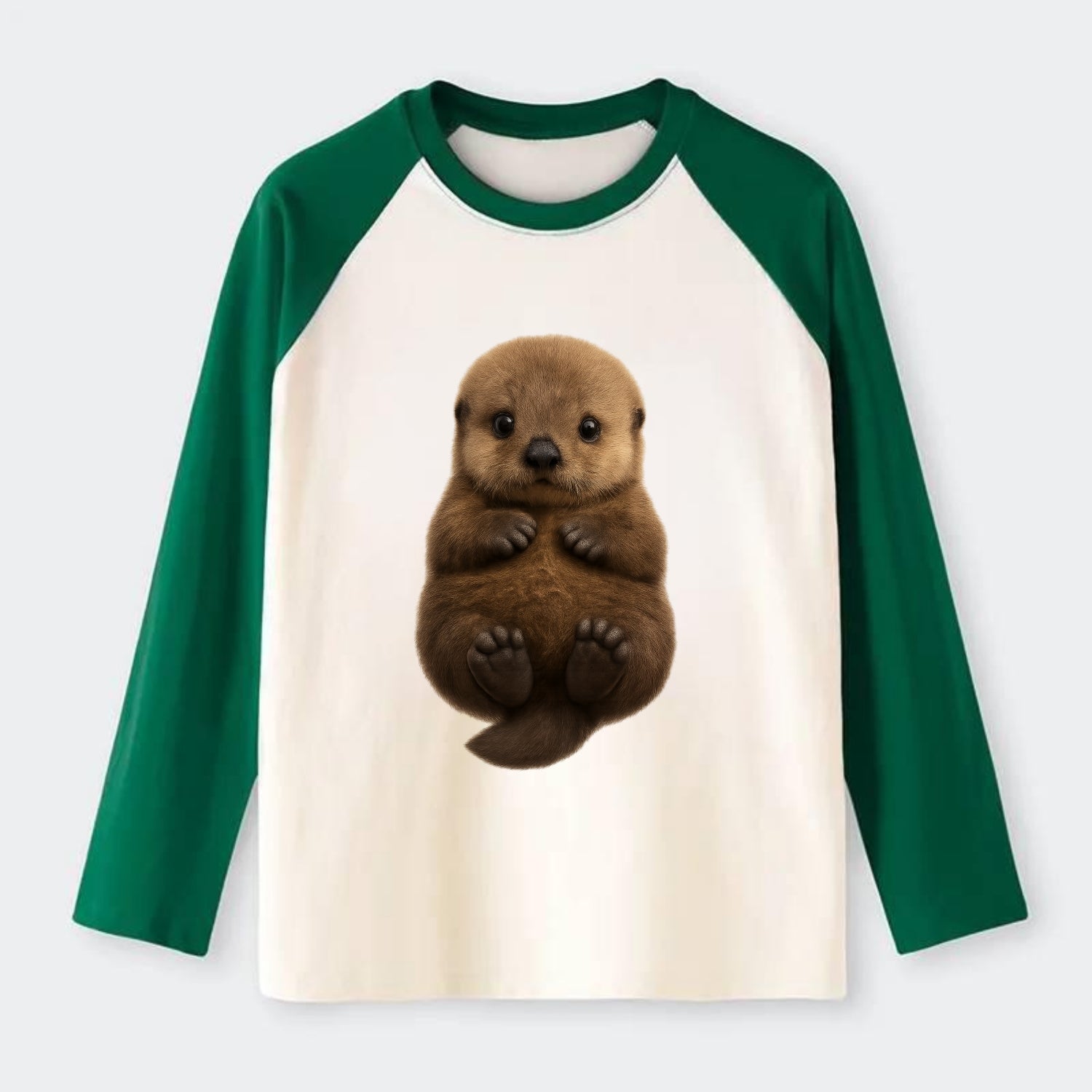 Baby Sea Otter - brown fluffy, floating on back, tiny paws, bright - Raglan Long Sleeve T-Shirt - Green